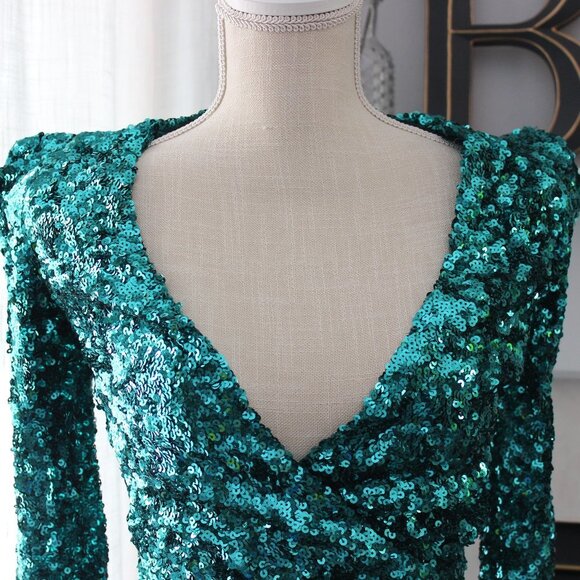 French Connection Teal Green Sequin Long Sleeve Dress - Picture 4 of 6